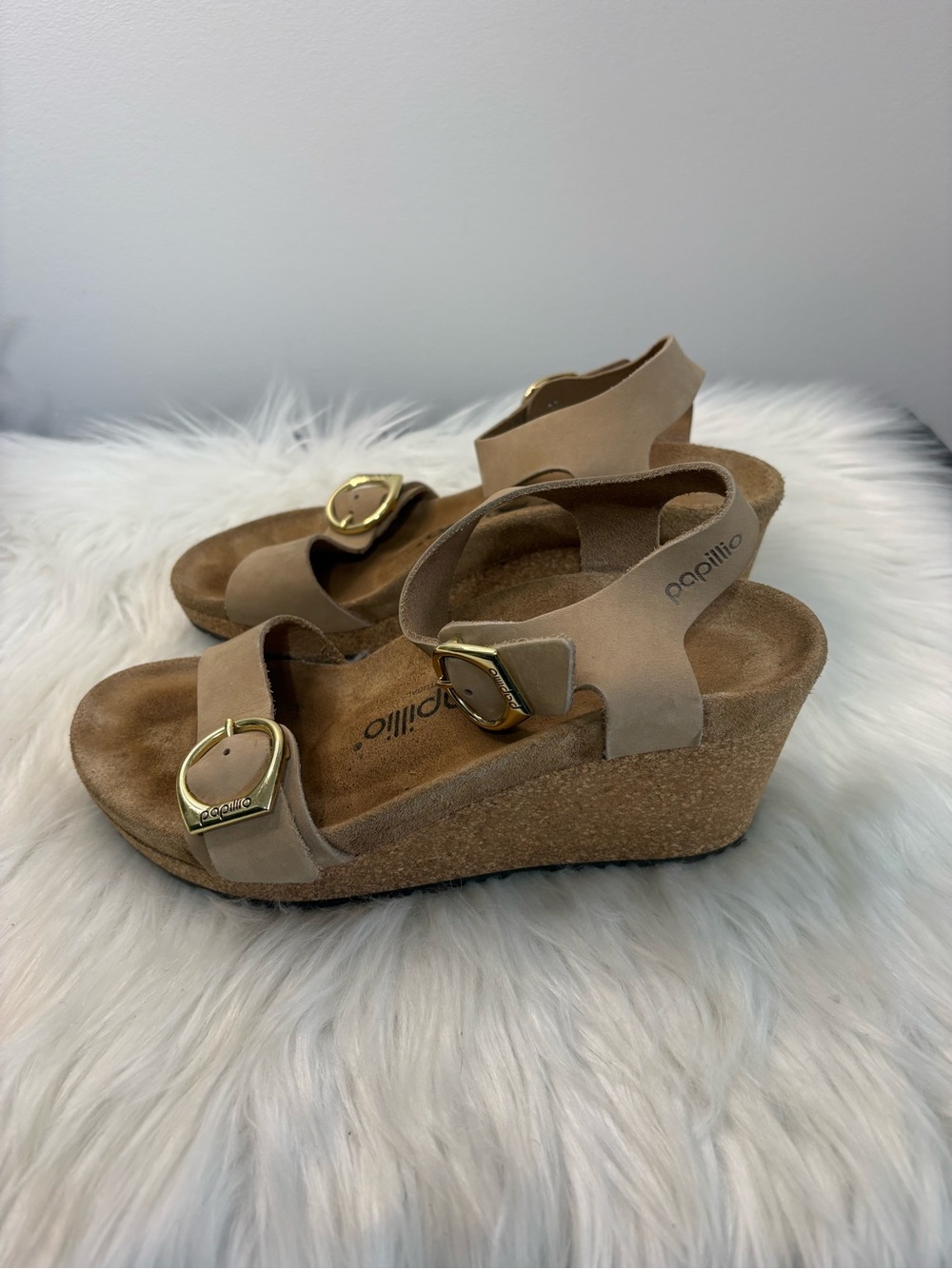 Papillio Women's Nude/Tan Leather Ankle Strap Sandals with Gold Buckles - Picture 7 of 12